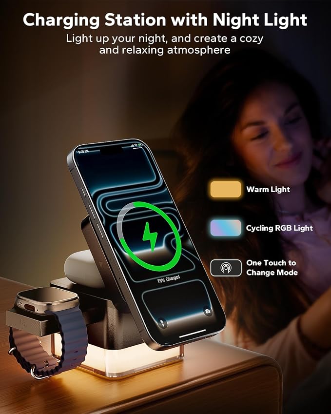 KPON 3 in 1 MagSafe-Compatible Charging Station for Apple, Nightstand Fast Wireless Charger, Foldable Cube, Charging Stand with Night Light, for iPhone 17/16/15/14/13/12, Apple Watch/AirPods, Black