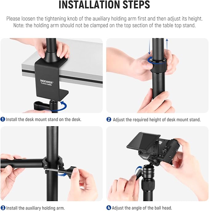 NEEWER TL253A+DS001 Table Camera Tripod with 2 Telescopic Arms, Phone Holder, Ball Heads, Screw Adapter, Table Light Stand for Camera, Mobile Phone, Webcam, Ring Light