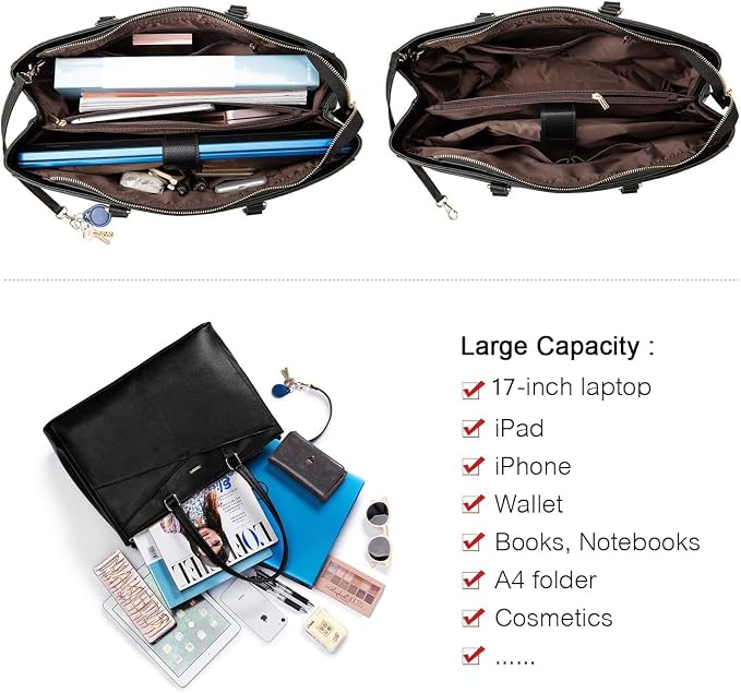 LOVEVOOK Laptop Bag for Women 17.3 Inch Tote Bags Waterproof Leather Briefcase Computer Women Business Office Work Bag,Black