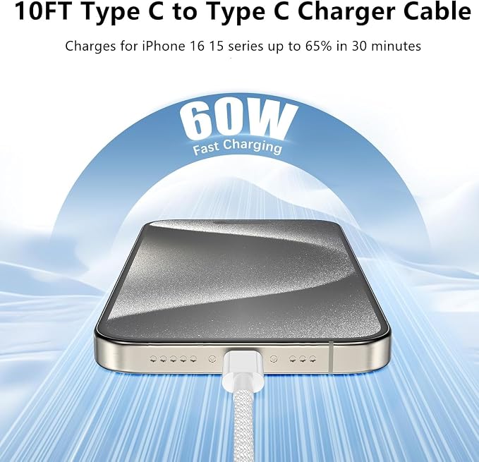USB C to C Charger Cable 10ft, 60W Type C to C Fast Charging Cable Cord Long for Apple iPhone 17 Pro Max/17 Air/16 Pro Max/16 Pro/15 Plus/15 Pro Max/MacBook 2021/2020/2019,iPad Pro/Mini/Samsung Galaxy