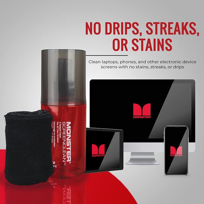 Monster Screen Cleaner Kit, 6.7 oz (200 mL), Microfiber Cloth, White/Black/Red, for HDTVs, Tablets, Laptops, Smartphones, Eyeglasses