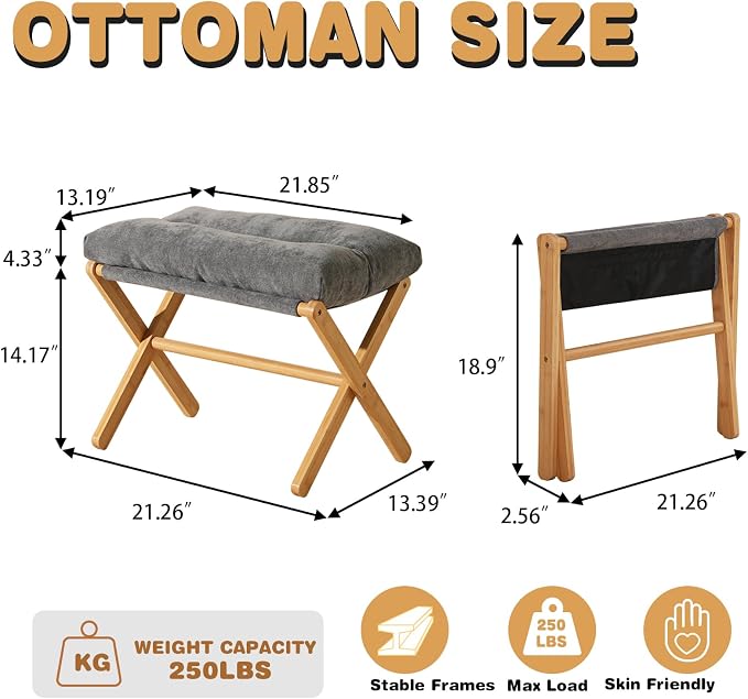 Baveke Folding Upholstered Footrest Stool, Small Accent Ottoman with Thick Cotton Cushion & Bamboo X Legs, Modern Padded Sofa Stool for Makeup Bedroom Living Room, Grey