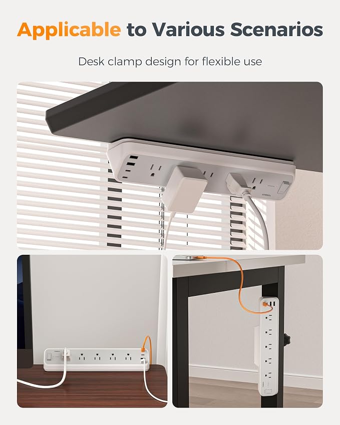 TESSAN Desk Clamp Power Strip 6 Ft, 2100J Surge Protector Desk Charging Station, 5 Outlets with 4 USB Ports (2 USB C), Flat Plug Extension Cord with Multiple Outlets for Home Office Dorm Room, Grey