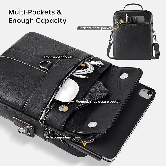 11 inch iPad Sleeve Carrying Leather Bag for 2026 iPad Pro 11 M5 M4 & iPad Air 11 M4 M3 M2, iPad A16 with Magic Keyboard, Protective Padded Travel Shoulder Crossbody Case with Handle, Black