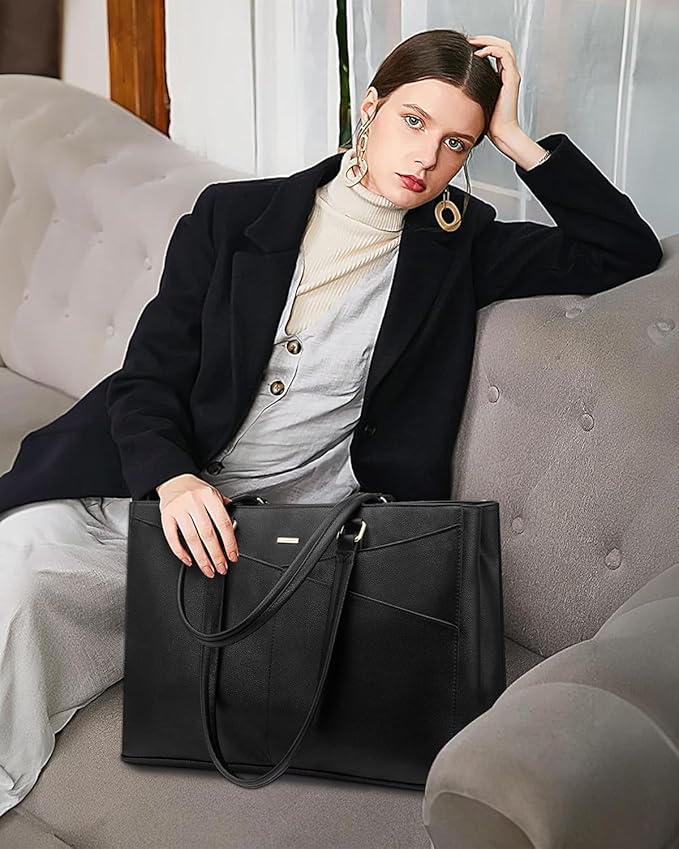 LOVEVOOK Laptop Bag for Women 17.3 Inch Tote Bags Waterproof Leather Briefcase Computer Women Business Office Work Bag,Black