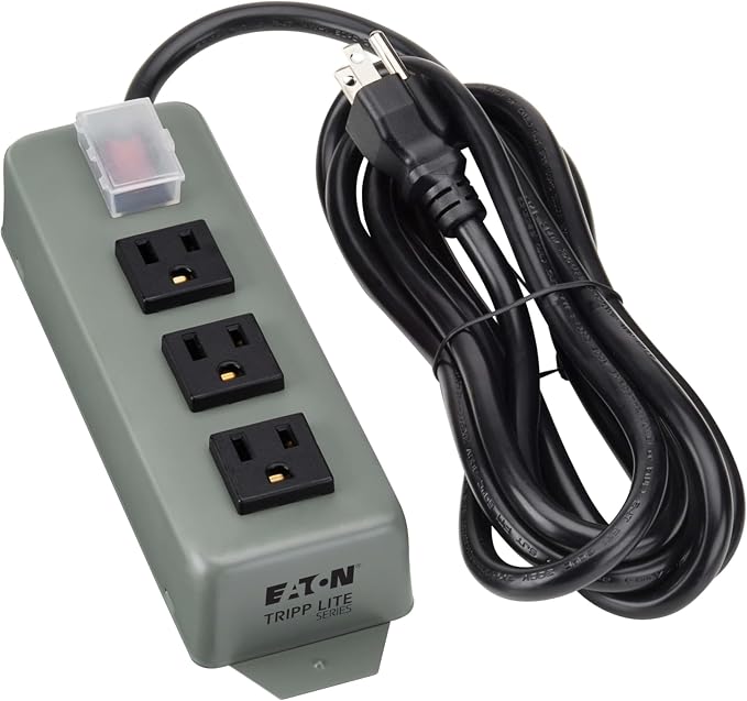 Eaton Tripp Lite Series 3-Outlet Heavy Duty Power Strip, Metal, Mountable (Wall Mount & Under Desk), 9ft Extension Cord, On/Off Switch Cover, Industrial Garage Shop Work Bench Applications (3SP9)
