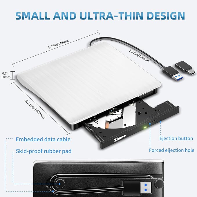 Ziweo External DVD Drive USB 3.0 Type-C Portable CD DVD +/-RW Drive for Laptop DVD Player CD ROM Rewriter Burner Compatible with Laptop Desktop PC Windows MacBook Mac Linux Mac OS Upgrade White