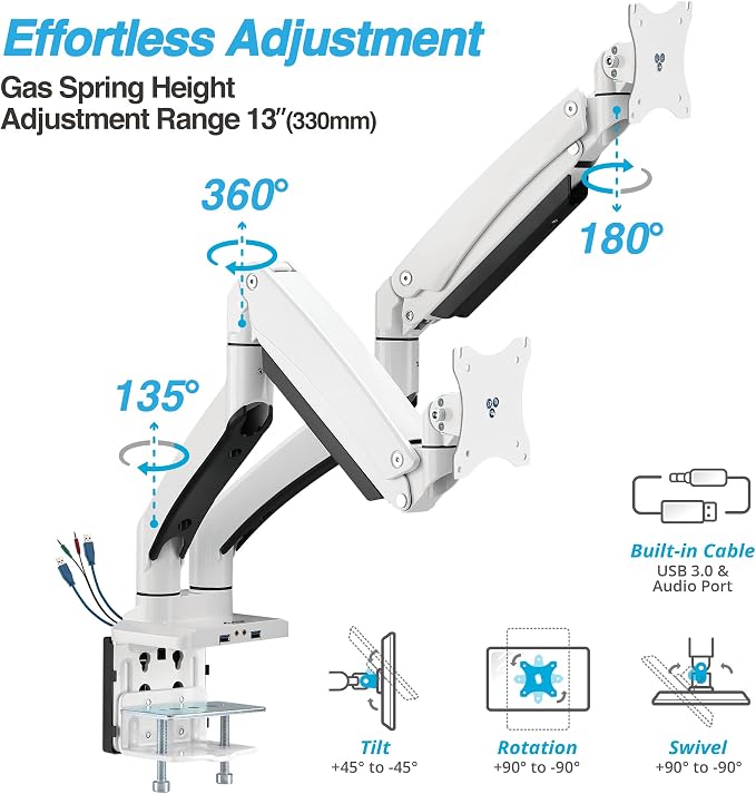 AVLT Dual Monitor Arm Desk Mount for 13"–43" Flat/Curved Screens with USB-A Pass-Through, Full Motion Height Adjustable Swivel Tilt Rotation VESA/C-Clamp/Grommet/Cable Management, White