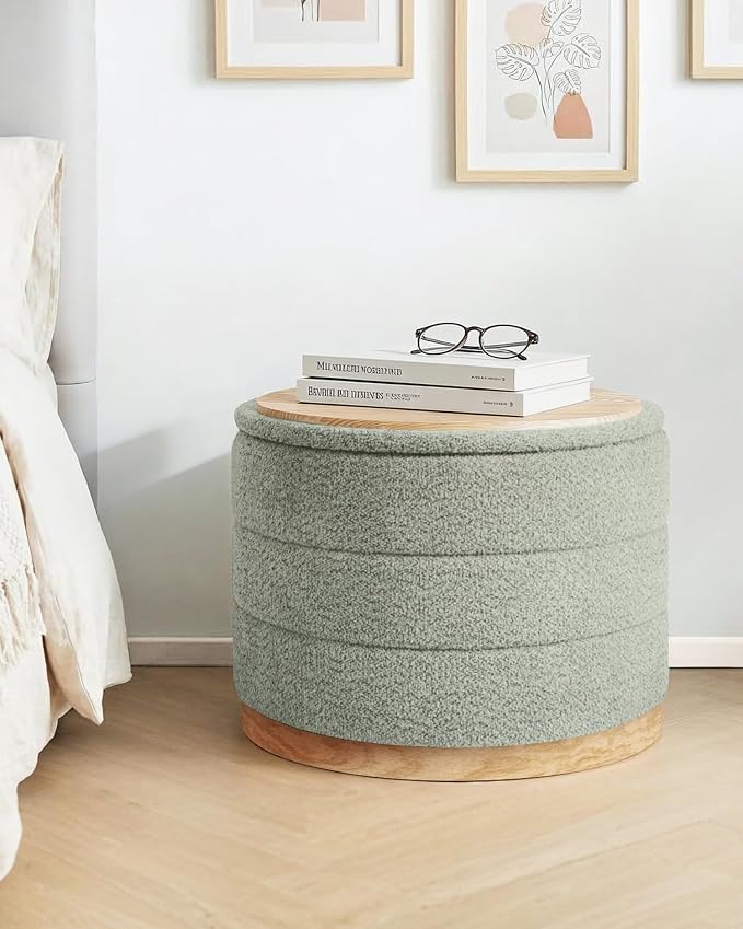 B FSOBEIIALEO Round Storage Ottoman with Tray, Folding Ottoman with Storage Coffee Table Foot Rest for Dorm Room Living Room Chenille Fabric,Sage Green,22.83"x22.83"x17.33"