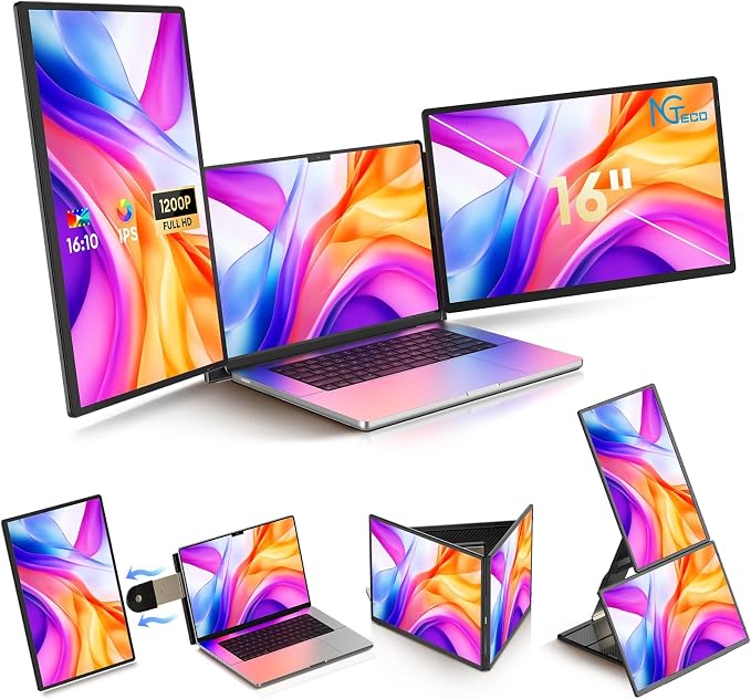 NGTeco 16" Triple Laptop Screen Extender, 1200P IPS Extended Monitor Portable, Plug & Play, Rotation Detachable Screen, Compatible with Windows/Mac/Chrome OS