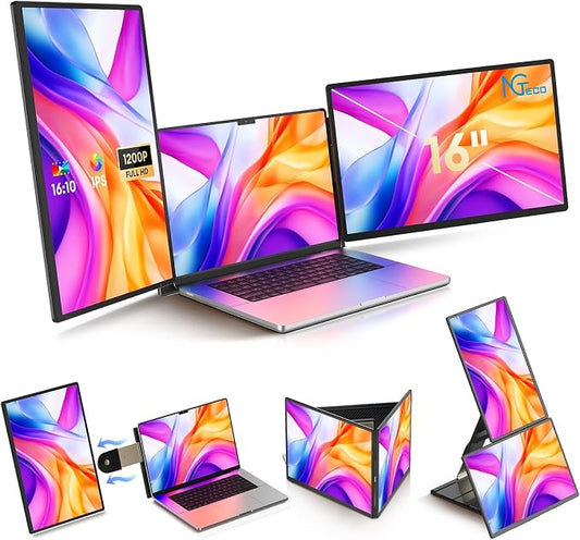NGTeco 16" Triple Laptop Screen Extender, 1200P IPS Extended Monitor Portable, Plug & Play, Rotation Detachable Screen, Compatible with Windows/Mac/Chrome OS
