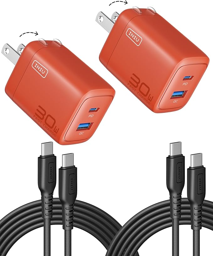 INIU USB C Charger Block, 2-Pack 30W PD Fast Charging, [USB-C + USB-A] Dual Port with Foldable Plug, GaN Tech Type C Power Adapter for iPhone 17 16 15 Pro Max, iPad Air, Samsung S26, Google Pixel etc