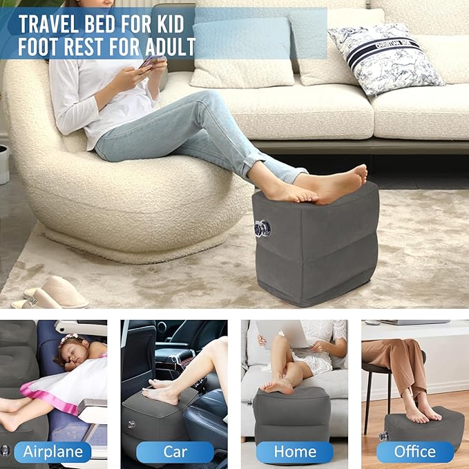 Inflatable Airplane Foot Rest Pillow - Travel Foot Rest for Long Flights, Car Seat Foot Rest for Kids Airplane Seat Extender Bed for Toddler, Blow up Plane Footrest with Easy-Carry Strap, Gray 2 Pack