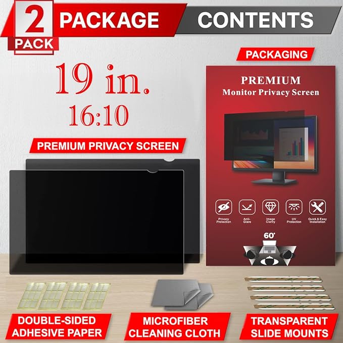 [2 Pack] 19 Inch Privacy Screen Filter for Widescreen 16:10 Monitor | Privacy Shield | Anti-Glare | Anti-Blue light Protector | Eye Protection | Computer Security Private Filter