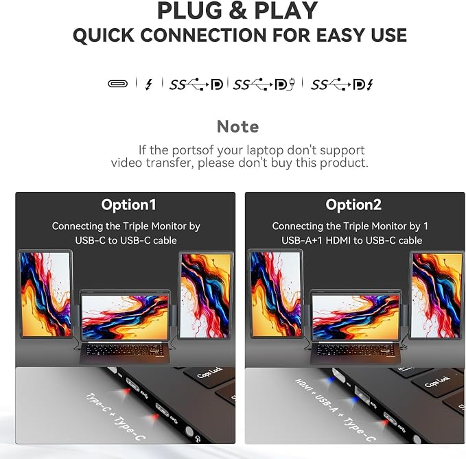 15.6" Laptop Screen Extender, FHD 1080P IPS Screen Extender Portable Monitor for 13.6"-17.3” Laptops, Travel Laptop Screen Extender with USB-C&HDMI, Triple Monitor for Windows, Mac