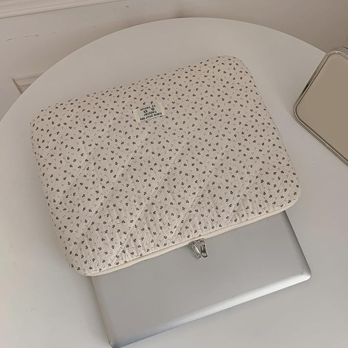 Puffy Laptop Sleeve 13-15.6 Inch Corduroy Quilted Laptop Protective Case Cute Floral Computer Sleeve Protective for MacBook (Cream Ditsy, 15.6 Inch)