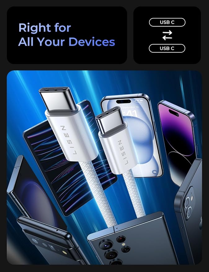 LISEN USB C Cable, 5-Pack [3.3/3.3/6.6/6.6/10FT] USBC to USBC Cable for iPhone 16e 15 Pro Max Charger Cord, 60W (3.1A) C to C Cable Fast Charging for Samsung S25/S24/23, Switch 2, iPad, MacBook,White