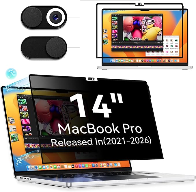 Privacy Screen Protector for MacBook Pro 14 Inch (2021-2026, M1, M2, M3, M4, M5), Easy On/Off Removable Anti Spy Blue Light Glare Cover Shield, Laptop Privacy Filter for Mac Pro 14.2in