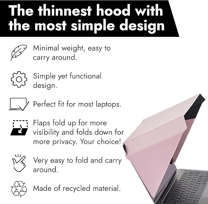 4-in-1 Laptop Screen Shade – Original Slim Hood – Sun, Privacy, Heat & Contrast Protection, Lightweight & Travel-Friendly, Fits 15–16” MacBook & PC, Patented, Pink