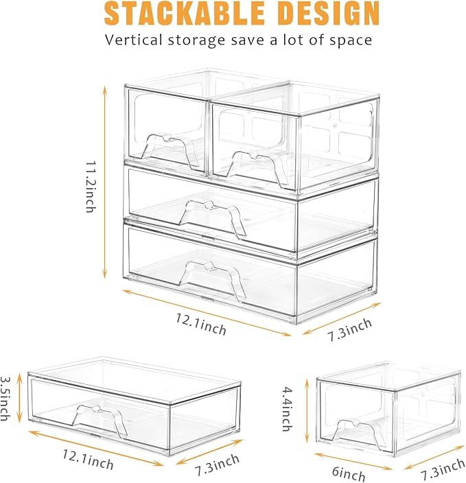 Stebopum 6 Pack Stackable Storage Drawers Clear Acrylic Organizer Makeup Bathroom Organizer and Storage Bins for Beauty Supplies,Ideal for Vanity, Bathroom,Pantry Organization