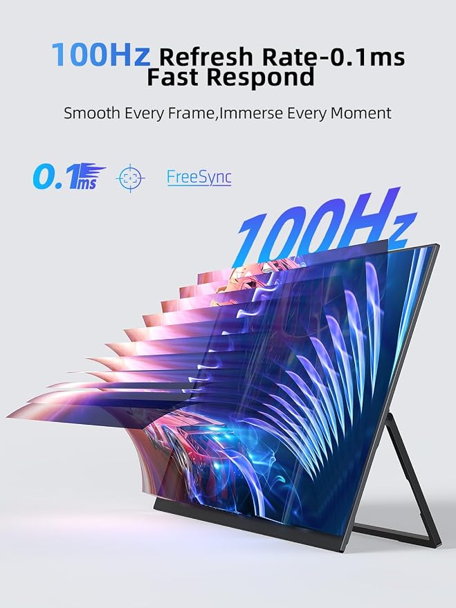21.5'' Large Portable Monitor for Laptop 100Hz Ultra-Fast IPS Gaming Monitor, QLED 125%sRGB | 2000:1 Contrast | Built-in Stand, Speaker and VESA, USB-C HDMI Second Screen Efficient Work Gaming