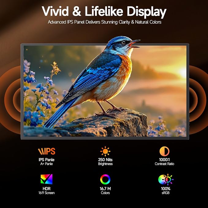 15.6" Portable Monitor 1080P FHD, 250 Nits Bright Screen USB-C HDMI with Kickstand & Dual Speakers, Travel Laptop Second Screen Extender for PC Phone PS5 Xbox Switch,Ultra Slim External Display