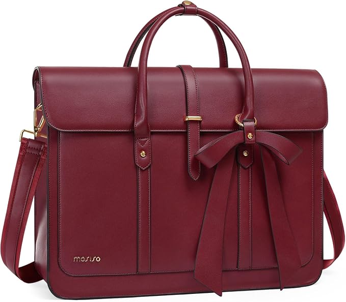 MOSISO Laptop Bag for Women, 13-14 inch PU Leather Laptop Shoulder Bags Convertible Backpack, 13.3 inch Messenger Bags Casual Handbag Work Briefcase Travel Computer Bag with Bowknot, Wine Red