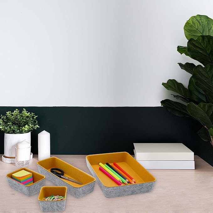 Welaxy Felt Desk Drawer Organizer Trays, 8-Piece Storage Bins for Office Supplies, Entryway Catchall, Makeup & Decluttering (Curry)