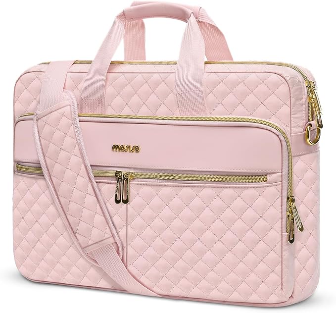 MOSISO 15-16 inch Laptop Bag, Laptop Briefcase Messenger Compatible with MacBook Pro 16/Air 15, HP, Dell, Lenovo, Square Quilted Computer Bag Work Office Business with 3 Pockets&Strap, Pink