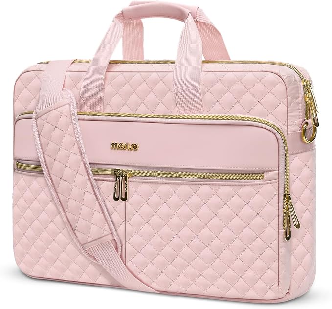 MOSISO 14 inch Laptop Bag, Laptop Briefcase Messenger Compatible with 14 inch HP, Dell, Lenovo, ASUS, Acer, Jumper, Square Quilted Computer Bag Work Office Business with 3 Pockets&Strap, Pink