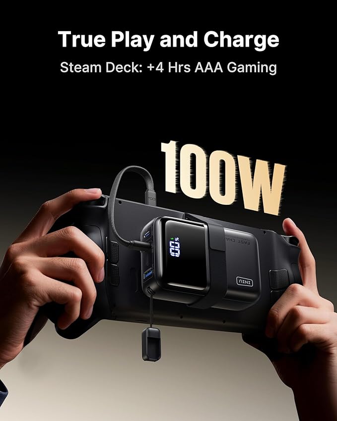 INIU 100W Fast Charging Power Bank, Smallest 25000mAh High Capacity Laptop Portable Charger, 3-Port Battery Phone Pack with Detachable USB C Cable for Flight-Safe Travel Camping, Metallic Black