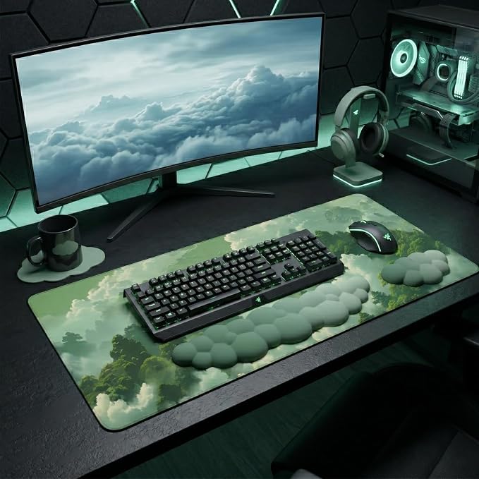 Green Cloud Mouse Pad and Keyboard Wrist Rest 4PCS Extended Forest Mountain Aesthetic Large Desk Mat Pad Set Memory Foam Non-Slip Cute Ergonomic Gaming Mouse Pad Wrist Support for Computer Home Office