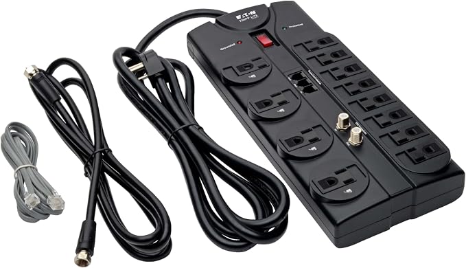 Eaton Tripp Lite TLP1208TELTV Home Theater Surge Protector Power Strip, 12 Outlets, Flat Plug 8ft Extension Cord, 2160 Joules | Coax and RJ11 Ports for Phone Land Line, TV, and WiFi Router Protection