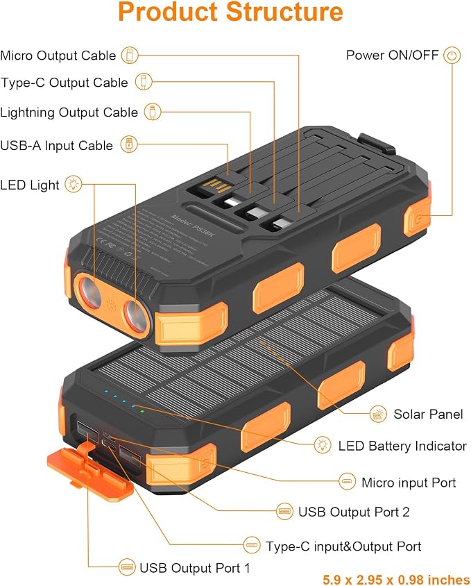 Solar Charger Power Bank 38800mAh, 22.5W USB-C Fast Charging Portable Charger with 4 Built-in Cables, External Battery Pack with Dual LED Emergency Flashlights for Camping, Hiking, Outdoor Use