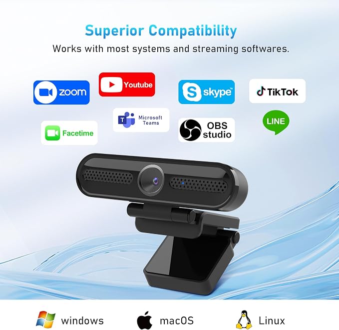 2K Webcam, FHD Computer Streaming Camera with 2K/30fps, 1080P/60fps, Autofocus, Dual Noise-Cancelling Microphones and Tripod, for Computer/Zoom/Skype/Teams/Laptop/MacBook/Windows