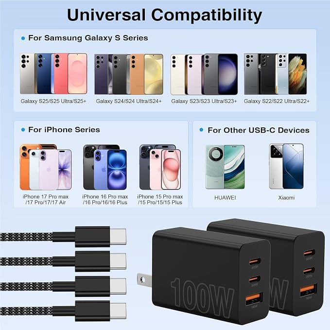 65W Super Fast Charger Type C for Samsung,3 Port 100W Quick Charging 3.0 USB C Block & 3/6/10/10FT Braided Type C Cord for Samsung Galaxy S26 Ultra/S26/S25 Ultra/iPhone 17 Pro/MacBook Pro/Air-Purple
