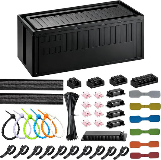 Cable Box - [142Pcs] Cable Management Kit, Medium Cord Hider Box to Conceal Power Strip Holder on Desk or Floor, Under Desk Cable Management Kit Cable Organizer Box, TV Cord Organizer Box, Black