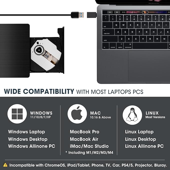 ROOFULL External CD DVD Drive for Laptop, USB 3.0 Type-C Portable CD/DVD+/-RW Optical Drive Reader Writer Burner Player for Windows 11/10/8/7 Computer Mac MacBook Linux PC