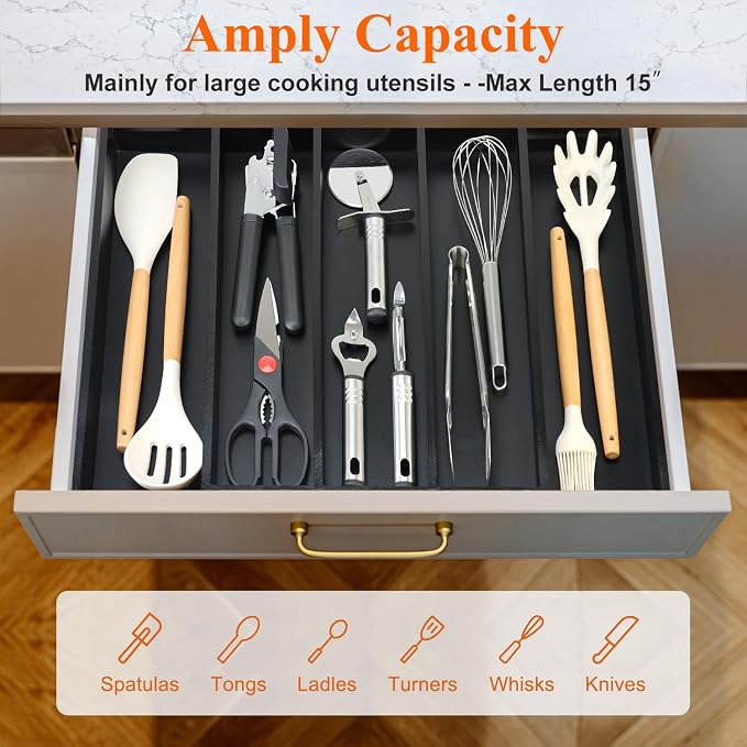 Expandable Large Kitchen Utensil Drawer Organizer Storage Black Bamboo Silverware Organizers Tray Divider Adjustable Spoon Flatware Organizer Wood Cutlery Tray Cooking Utensils Tool Holder Drawer