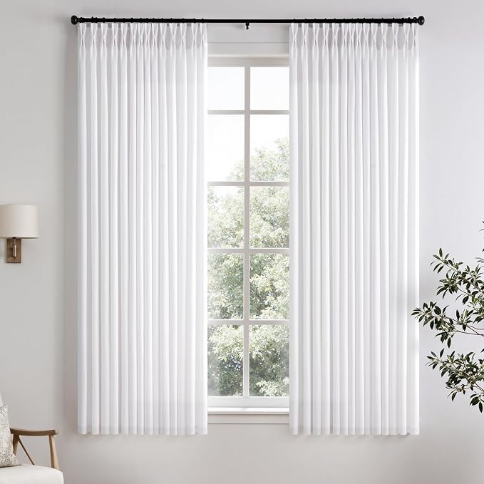 Memory Trained Pinch Pleated Curtains 63 Inches Long, Viral Linen Pinch Pleat Sheer Curtains with Ring Hooks&Clips for Track System Living Room, White Light Filtering Privacy Curtain 2 Panel Set