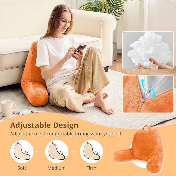Sasttie Reading Pillow, Velvet Back Pillow for Bed Sitting Up, Adult Back-Rest Support Cushion with Arms for Sit Up on Couch, Sofa, and Floor, Dorm Essentials, Reading Accessories, Orange