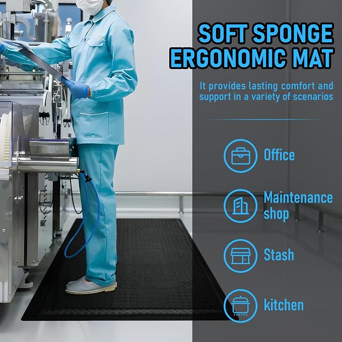 2 x 5 FT Anti Fatigue Mats Industrial 15/16 Inch Thick Soft Sponge Ergonomic Mat Durable Heavy Duty Diamond Plate for Standing Non Slip Industrial Grade Floor Mat for Leg & Back Pain (Black)