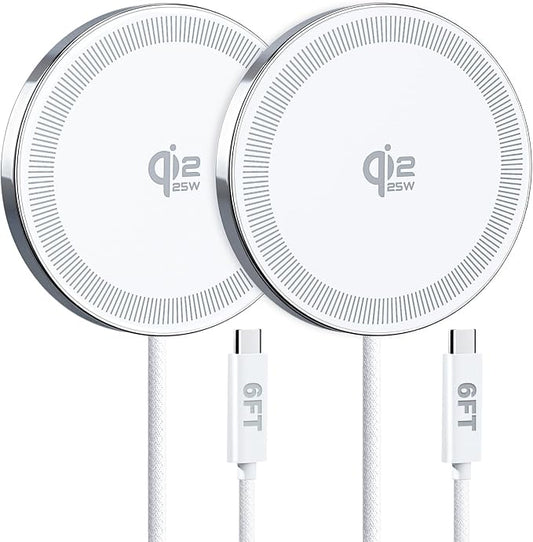 25W Wireless Charger for MagSafe, Qi2.2 Magnetic Fast Charging Pad for iPhone 17/16/15/14/13/12 Series&AirPods,Strong Magnet,Portable Wireless Charger for Travel Home Office,Elegant White, 2Pack(6FT)