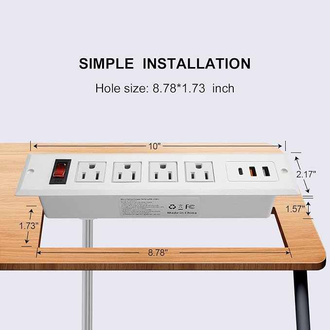 20W Mountable Power Strip USB C Recessed Power Strip USB-C Fast Charge 4 Outlet 3 USB Multiple Protection Built in Conference Desk Counter Workbench for PC Home Electric Appliance White