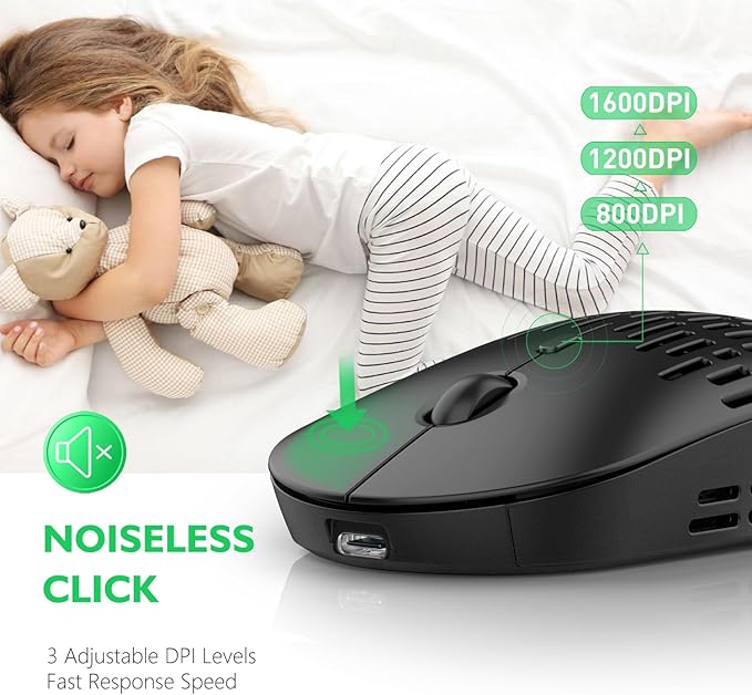 RAPIQUE Bluetooth Wireless Mouse - (BT+USB-C Receiver) Dual Mode, Rechargeable, Lightweight, Silent Computer Mice with Type C Receiver, USB C Mouse for MacBook, Laptop, Tablet, Chromebook (Black)