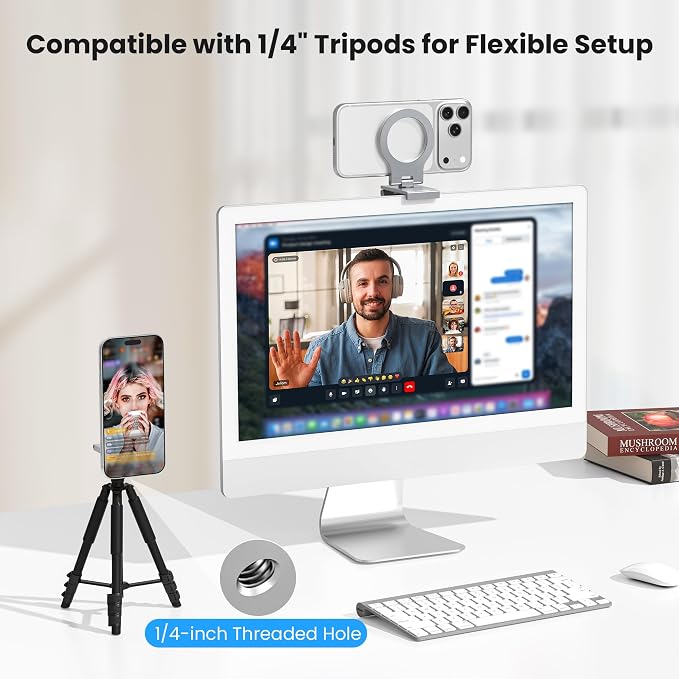 Itramax Continuity Camera Mount for iMac&Desktop Monitor,360° Adjustable iPhone Webcam Stand Holder with Metal Ring for MagSafe iPhone 17 17e/16/15/14/13/12/11/XR/XS,MacBook,Apple TV 4K,Studio Display