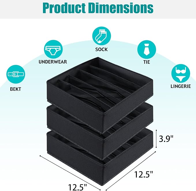 Bra Storage Drawers Organizer for Clothing Underwear Drawer Organizer Dividers Black Foldable Storage Cube Bins for Bra,Socks, Underwear,3 Pack （Black）