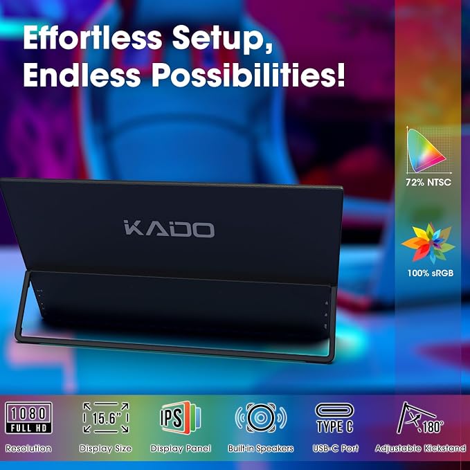Kado 15.6" FHD Portable Monitor for Laptop, 100% sRGB Second Display IPS 1920x1080 HDMI USB-C Laptop Screen Extender, Carrying Sleeve 180° Kickstand for PC, Mac, Dex, Tablet, Xbox, PS4/PS5, Switch