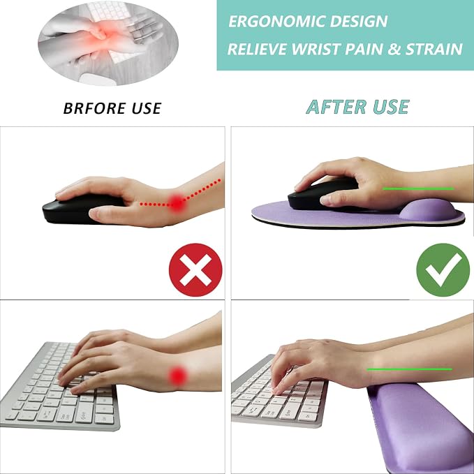 Keyboard Wrist Rest Pad Mouse Pad with Wrist Support Set of 3, Mousepad with Non-Slip Rubber Base, Ergonomic Memory Foam Mouse Wrist Cushion Support for Home Office Laptop Computer Gaming, Purple