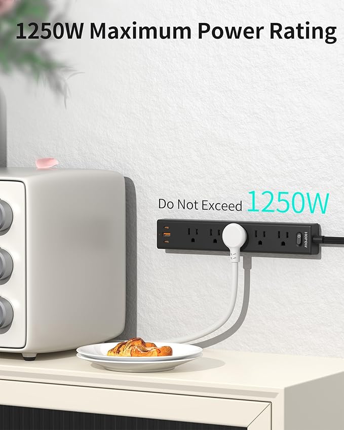 HOPOW Flat Plug Power Strip, 2 Pack, 6 Ft Ultra Thin Flat Extension Cord, Surge Protector with 5 Outlets & 3 USB Ports (2 USB C Slots), 1700 Joules, 3-Prong, Wall Mount for Home Office Dorm, Black
